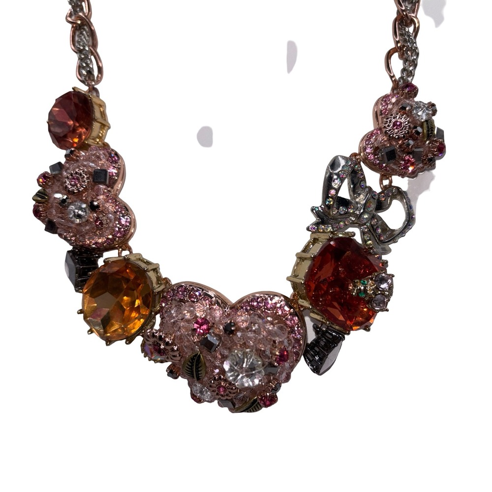 Betsey Johnson Heart Statement Necklace and Charm Bracelet Set Pink Rose Gold